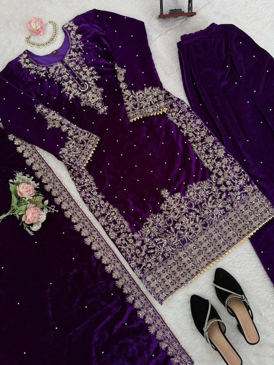 Vastranavya Purple Viscose Velvet Cording Sequence With Moti Work Top-Bottom With Dupatta - Distacart
