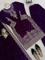 Vastranavya Purple Viscose Velvet Cording Sequence With Moti Work Top-Bottom With Dupatta - Distacart