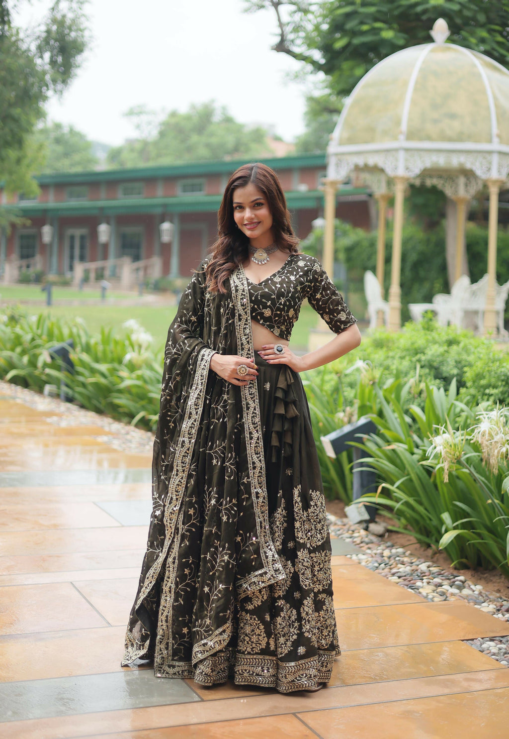 Lorenvalley Mahendi Rangoli Silk Heavy Sequins & Thread Embroidered work Lehenga Choli