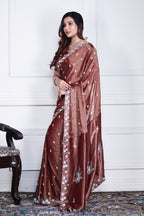 Morchari Brown Pure Chiffon Hand Embroidery Saree And Stitched Blouse - Distacart