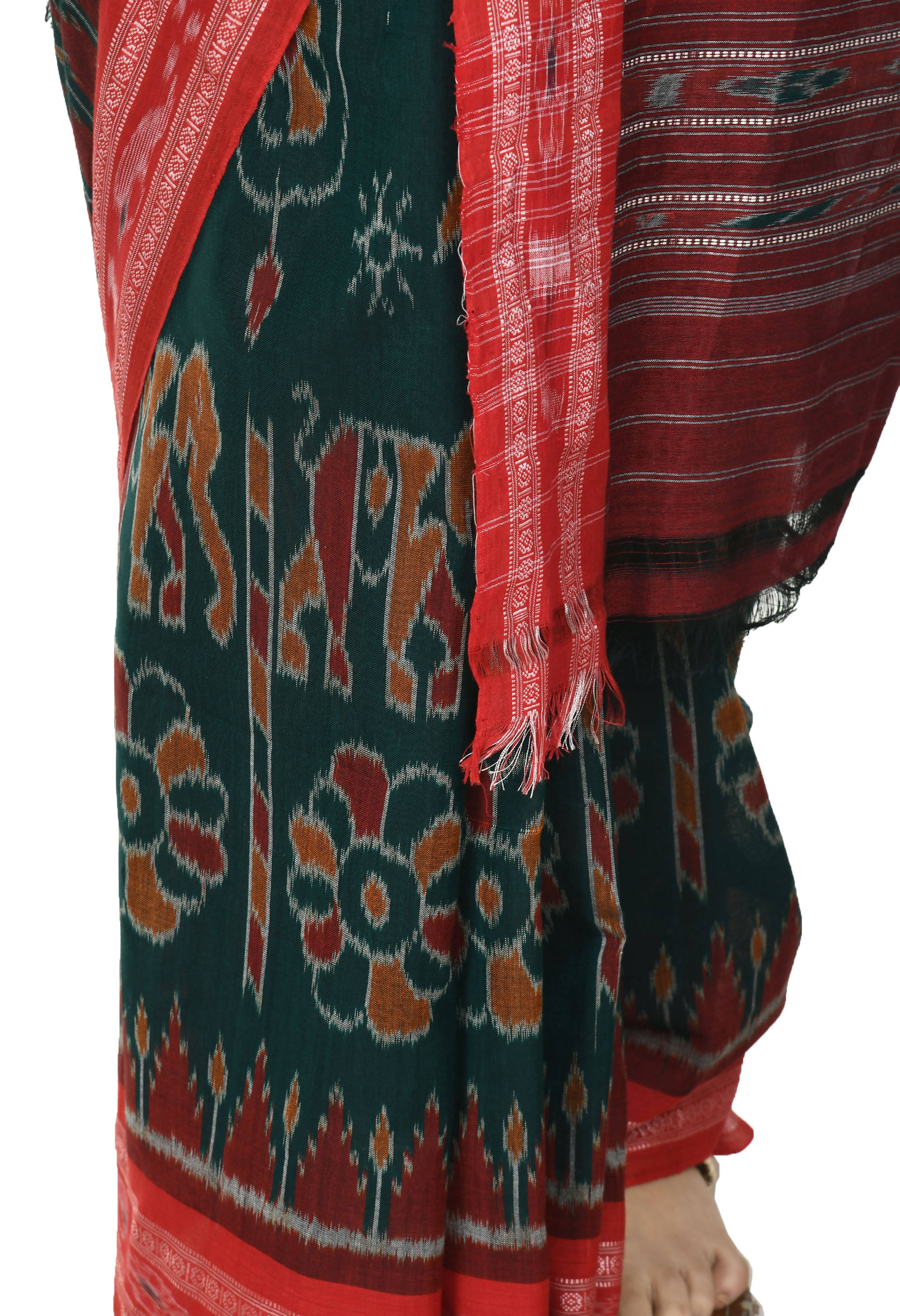 Vamika Sambalpuri Ikat Cotton Dehabandha Green & Red Saree - Distacart