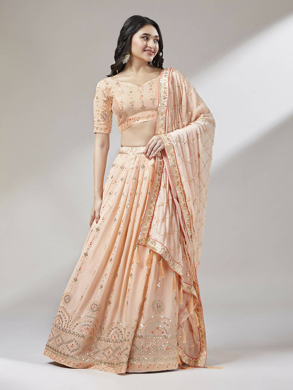 House of Panchhi Women Peach Pure Georgette Embroidered Lehenga & Blouse, Dupatta