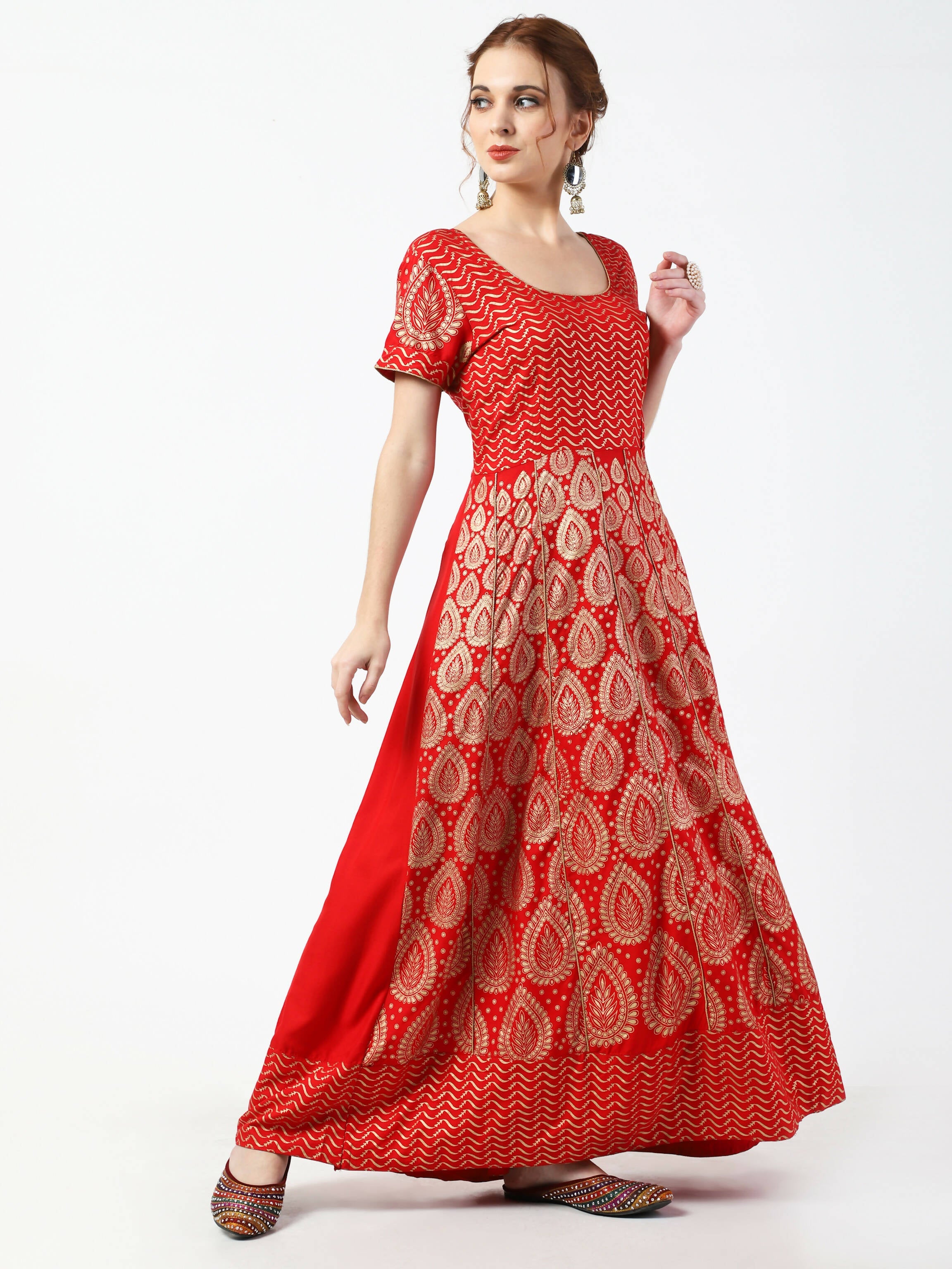 Cheera Women's Red Chanderi Silk & Rayon Hand Block Print Long Dress With Silk Dupatta Set