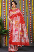 Jyoti Fashion Women's Red Banarasi Silk Zari Woven Saree with Blouse
