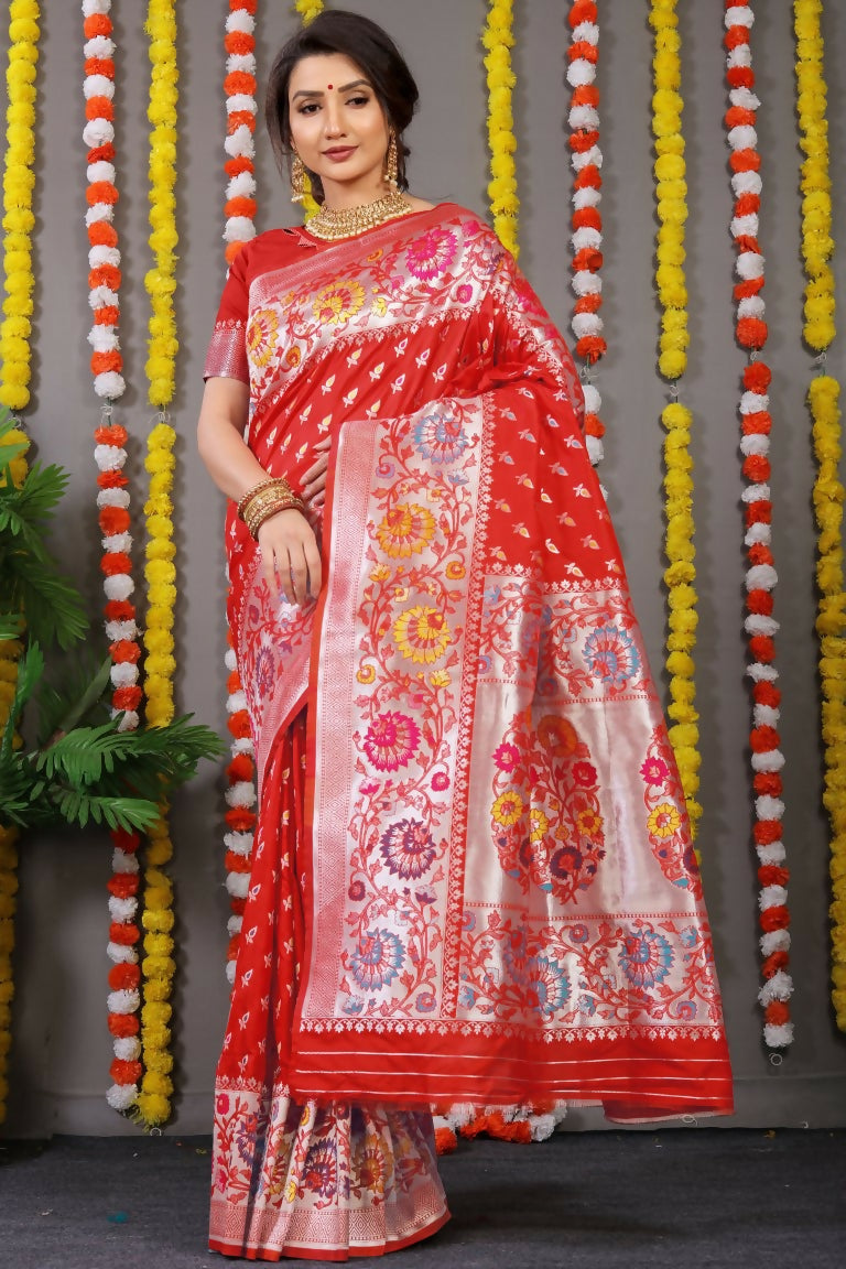 Jyoti Fashion Women's Red Banarasi Silk Zari Woven Saree with Blouse