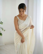 Georgette Designer Sequance Embroidery Work Party Wear Saree - Cream