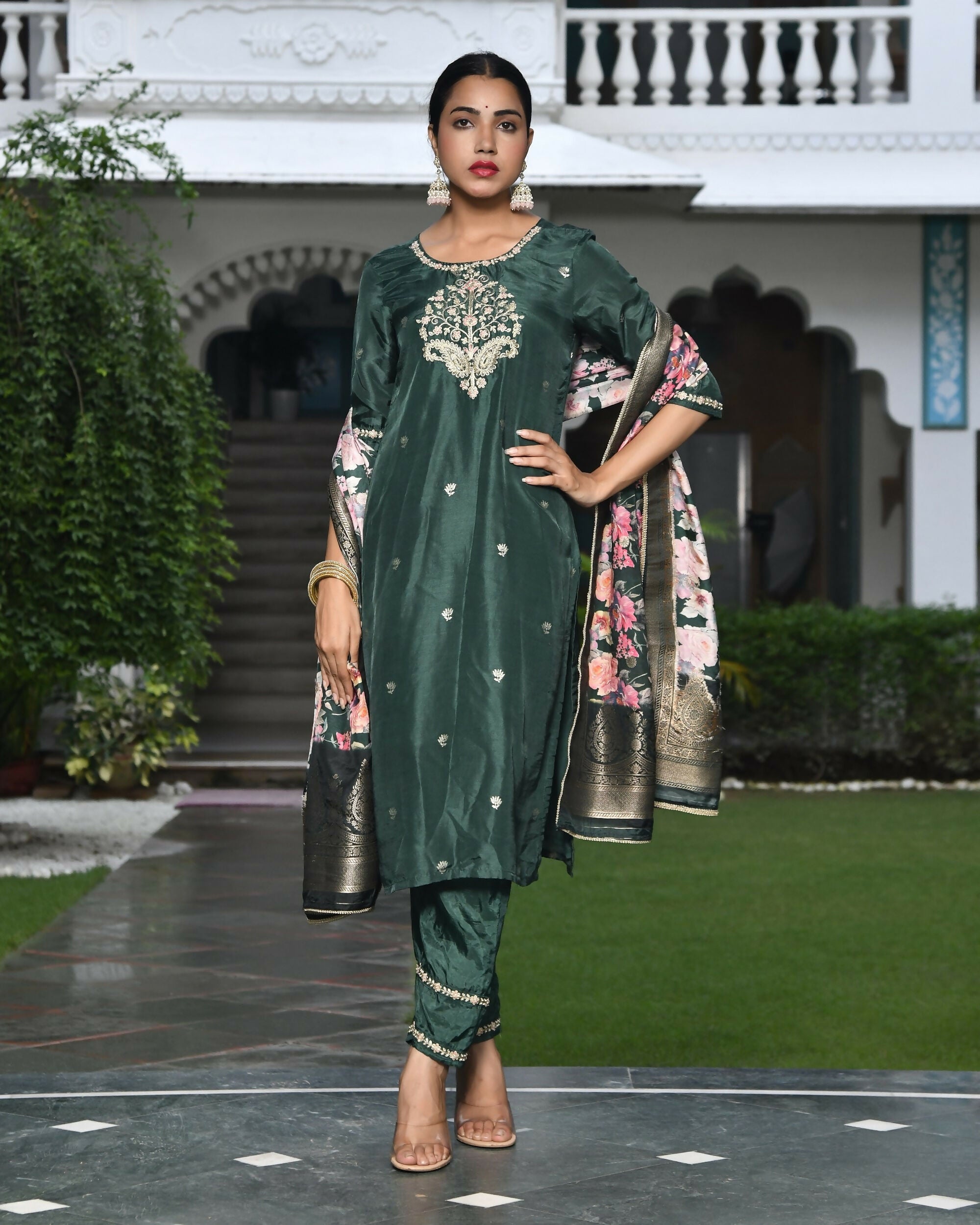 Vaasva Women's Silk Emboidered Solid Pant Set & Digital Printed Dupatta