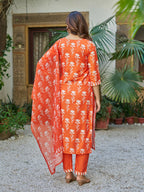 The52 Orange Women's Beautiful Cotton Blend Fabric Printed Work Straight Kurta, Pant and Dupatta Set - Distacart