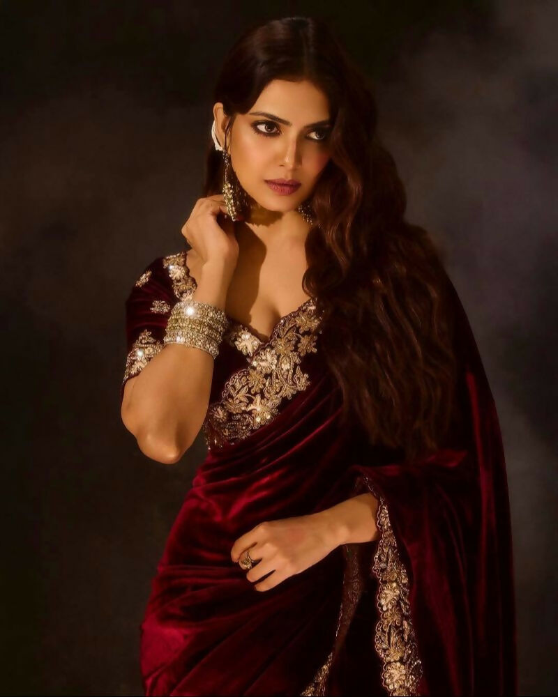 Joban Fashion Maroon 9000 Velvet Party Wear Sarees - Distacart