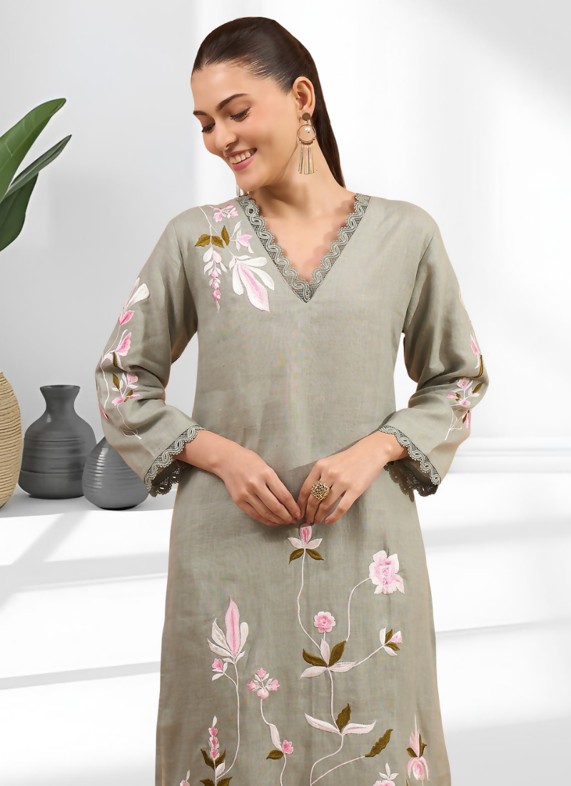 Joban Fashion Pista Green Linen Embroidered Readymade Long Kurta With Pant - Distacart