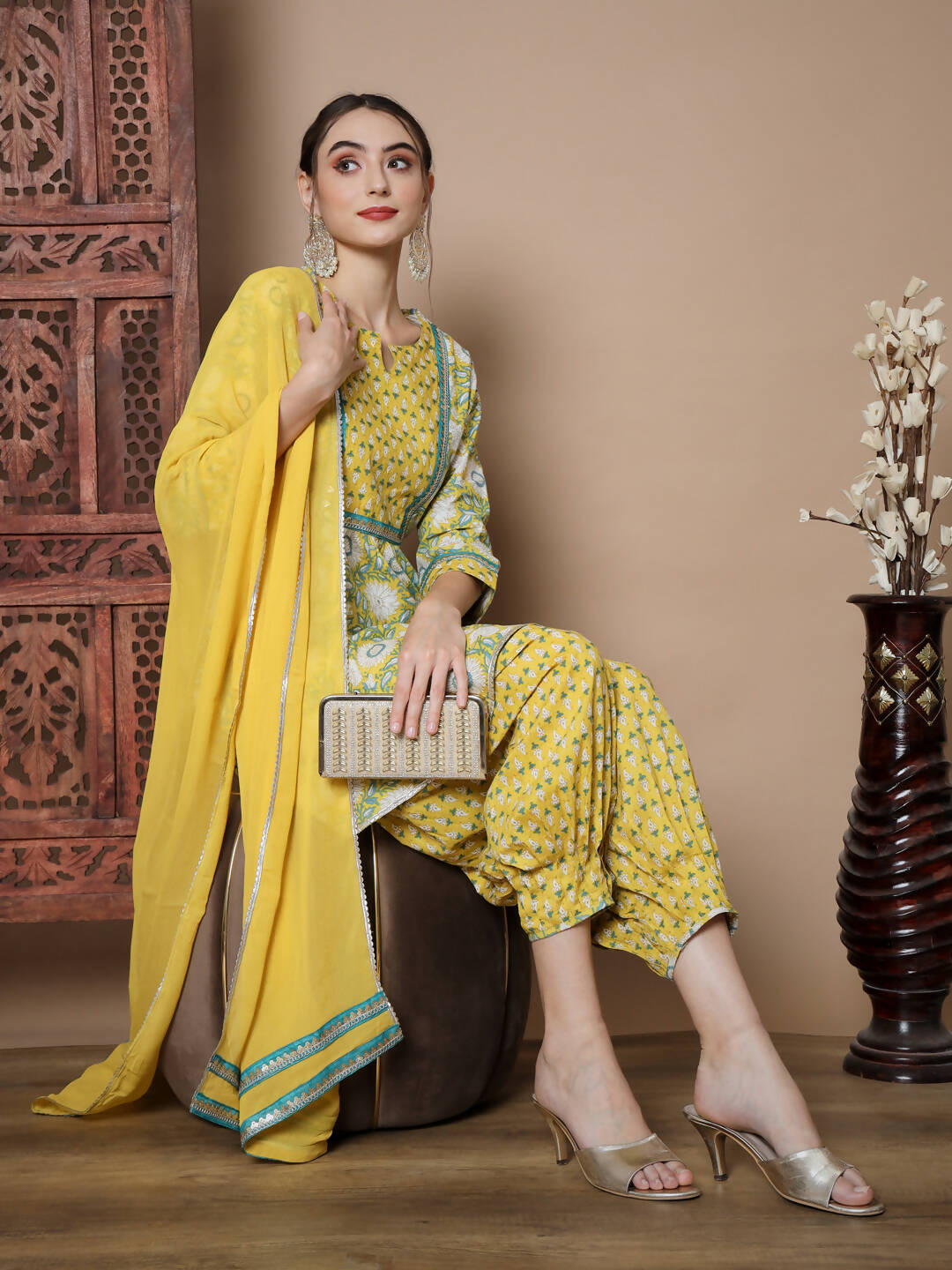 Myshka Women's Yellow A-Line Kurta & Salwar With Dupatta