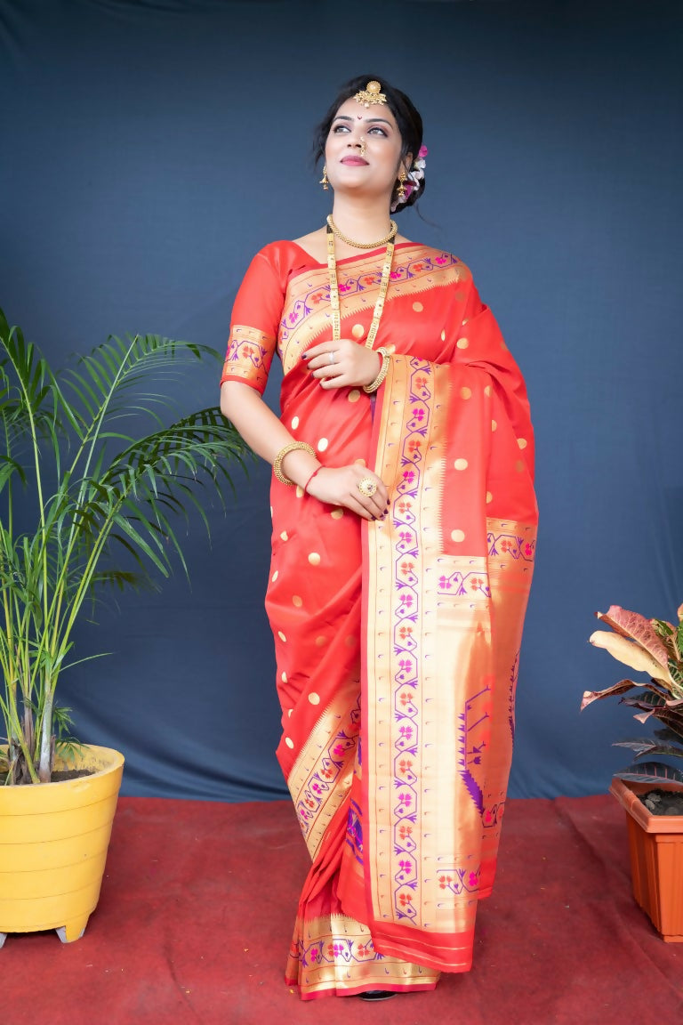 Jyoti Fashion Women's Red Paithani Silk Zari Woven Saree with Blouse - Distacart