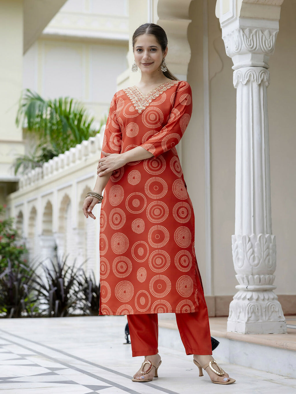The52 Orange Women's Gorgeous Rayon Embroidered Straight Kurta with Pant And Dupatta Set - Distacart