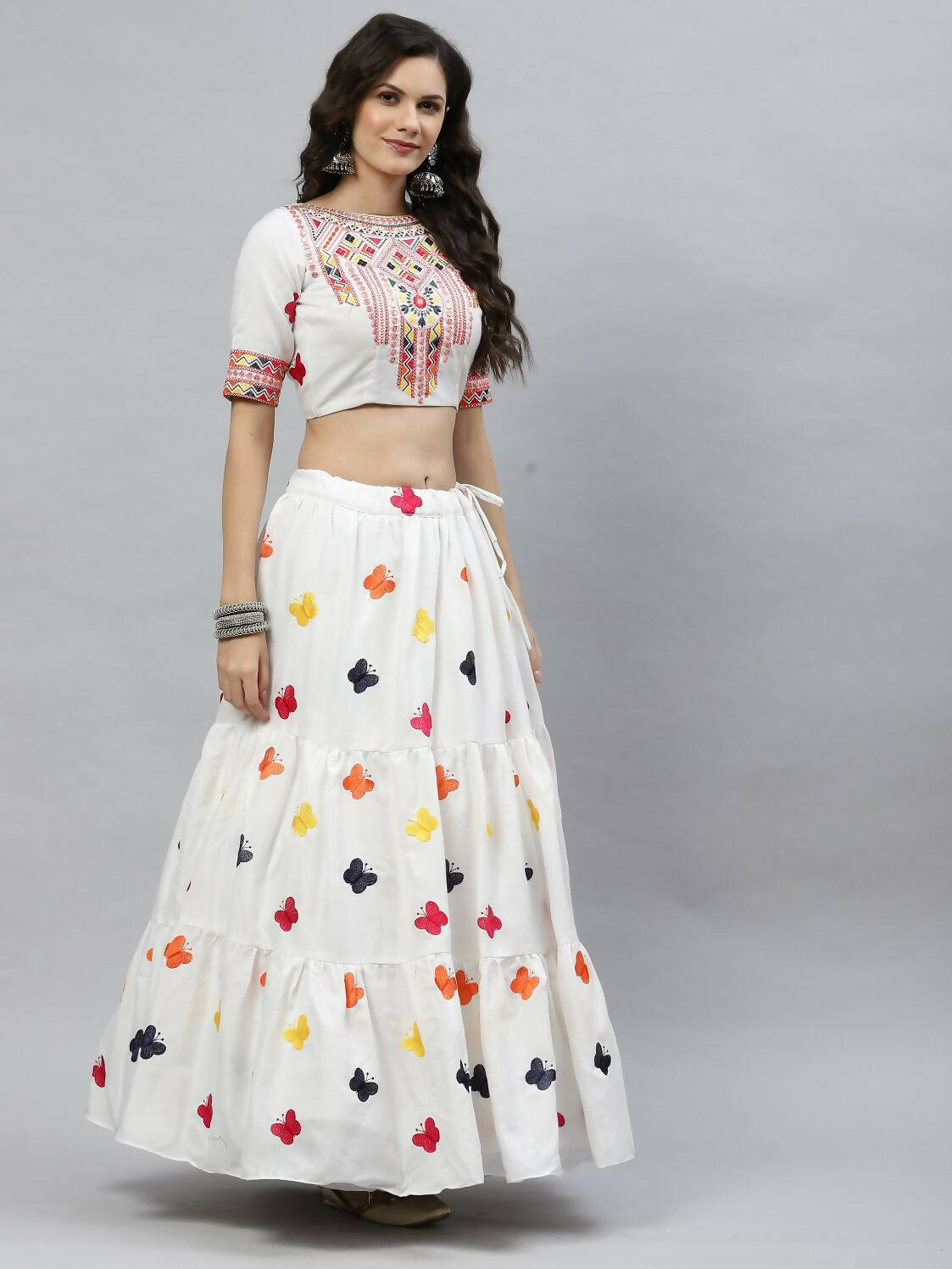 White Cotton Embroidered Work Lehenga Choli with Dupatta - Jivika