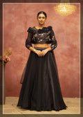 Black Satin Silk Semi-Stitched Bridal Lehenga - Nimaya Bonanza
