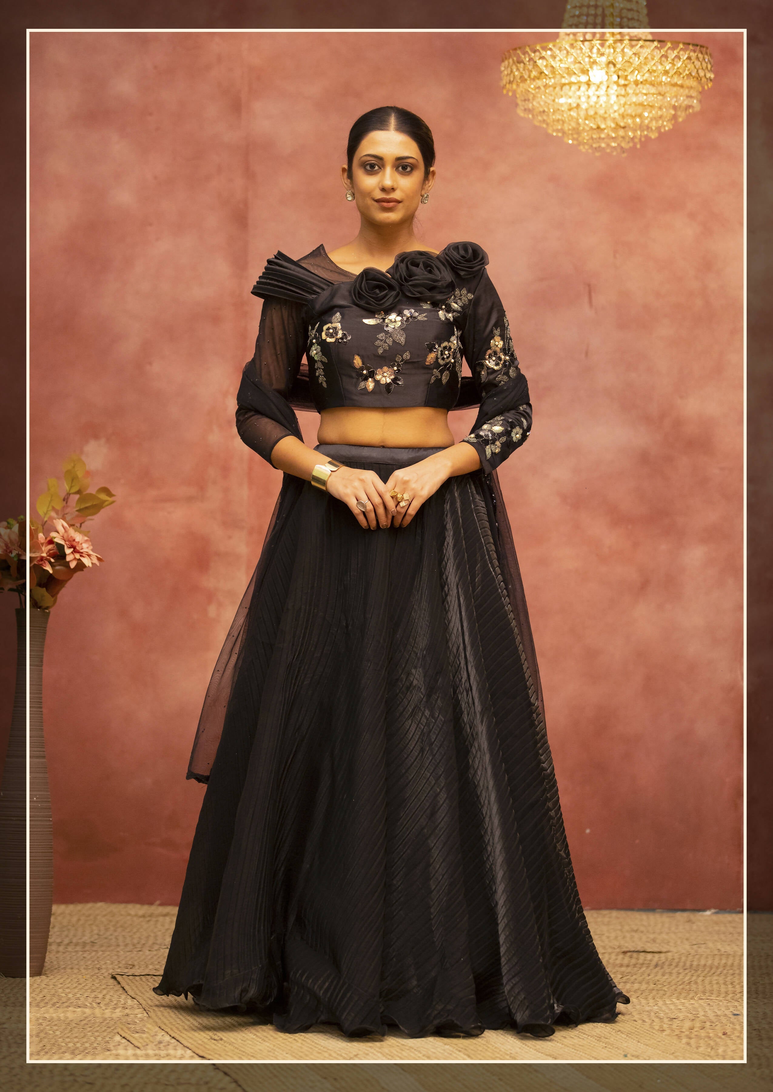 Black Satin Silk Semi-Stitched Bridal Lehenga - Nimaya Bonanza