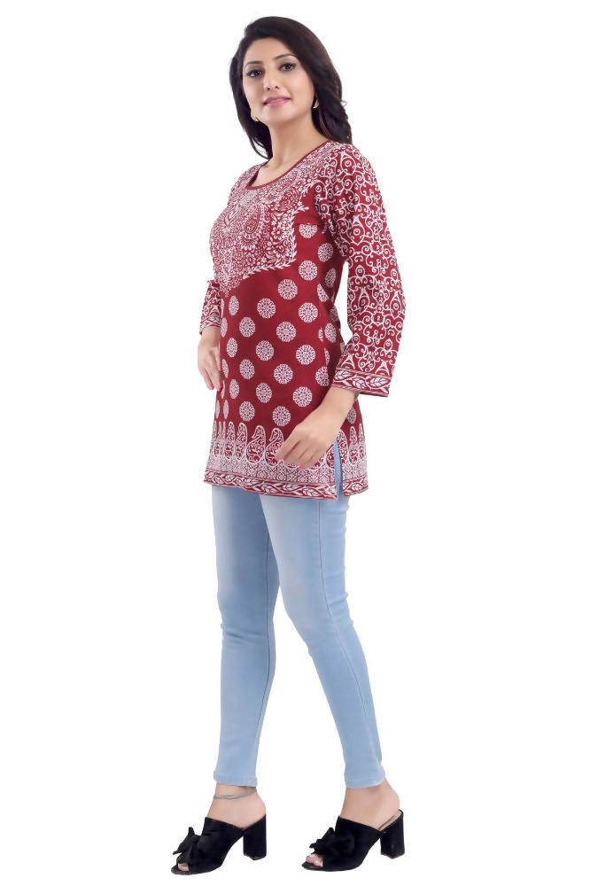 Snehal Creations Rust Faux Crepe Short Kurti Tunic