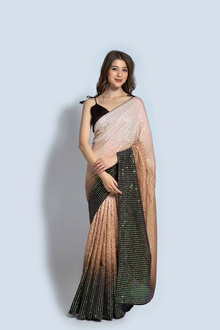 Vegaa Fashion Cream Vichitra Silk Embroidered Party Wear Saree