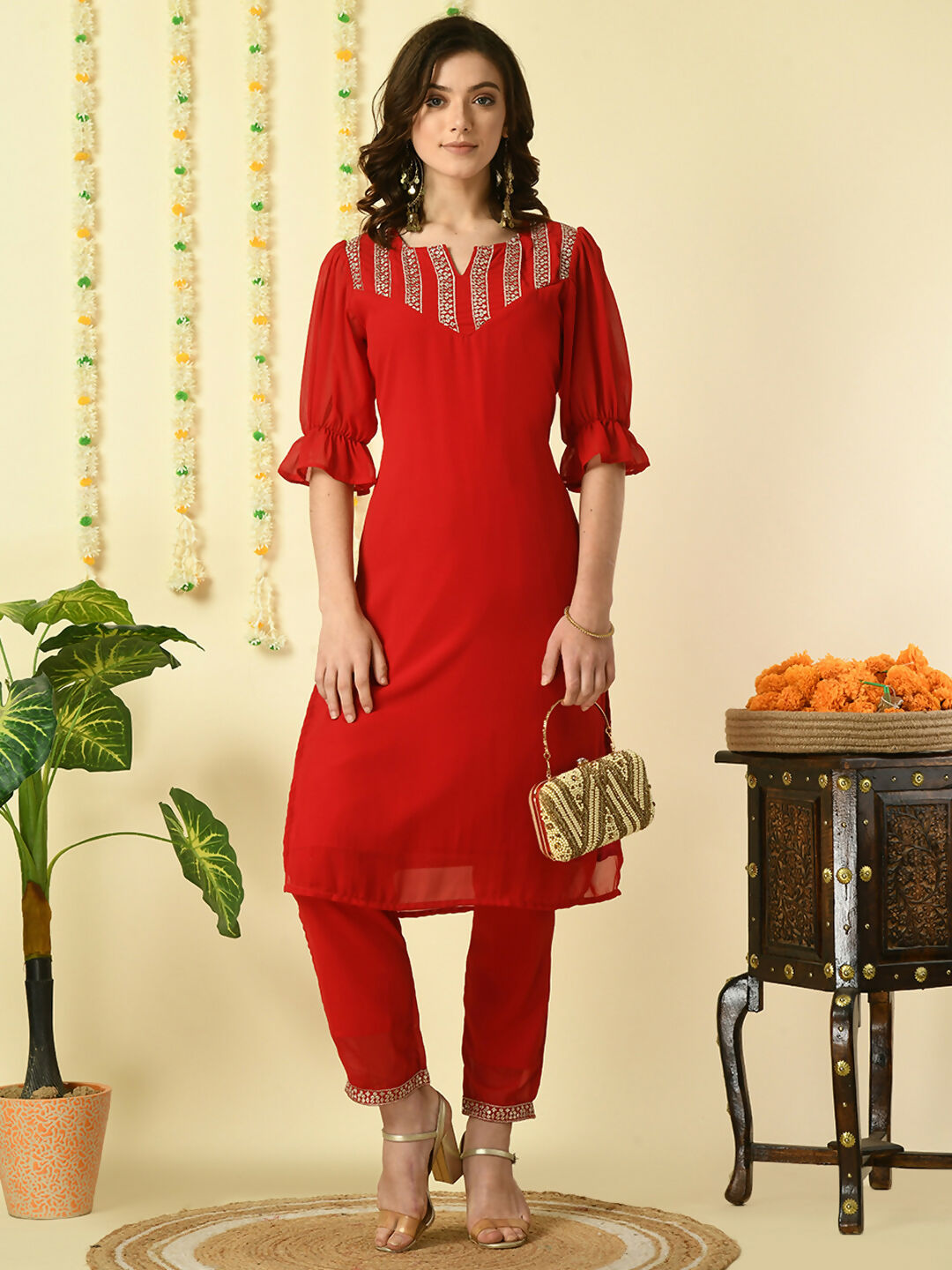 Myshka Women's Red Georgette Kurta With Trousers Party Sets
