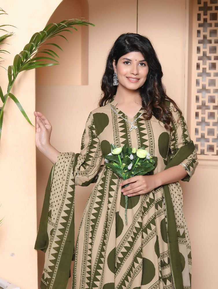Miravan Women'S Polka Dot Printed Pure Cotton Anarkali Kurta With Dupatta - Distacart