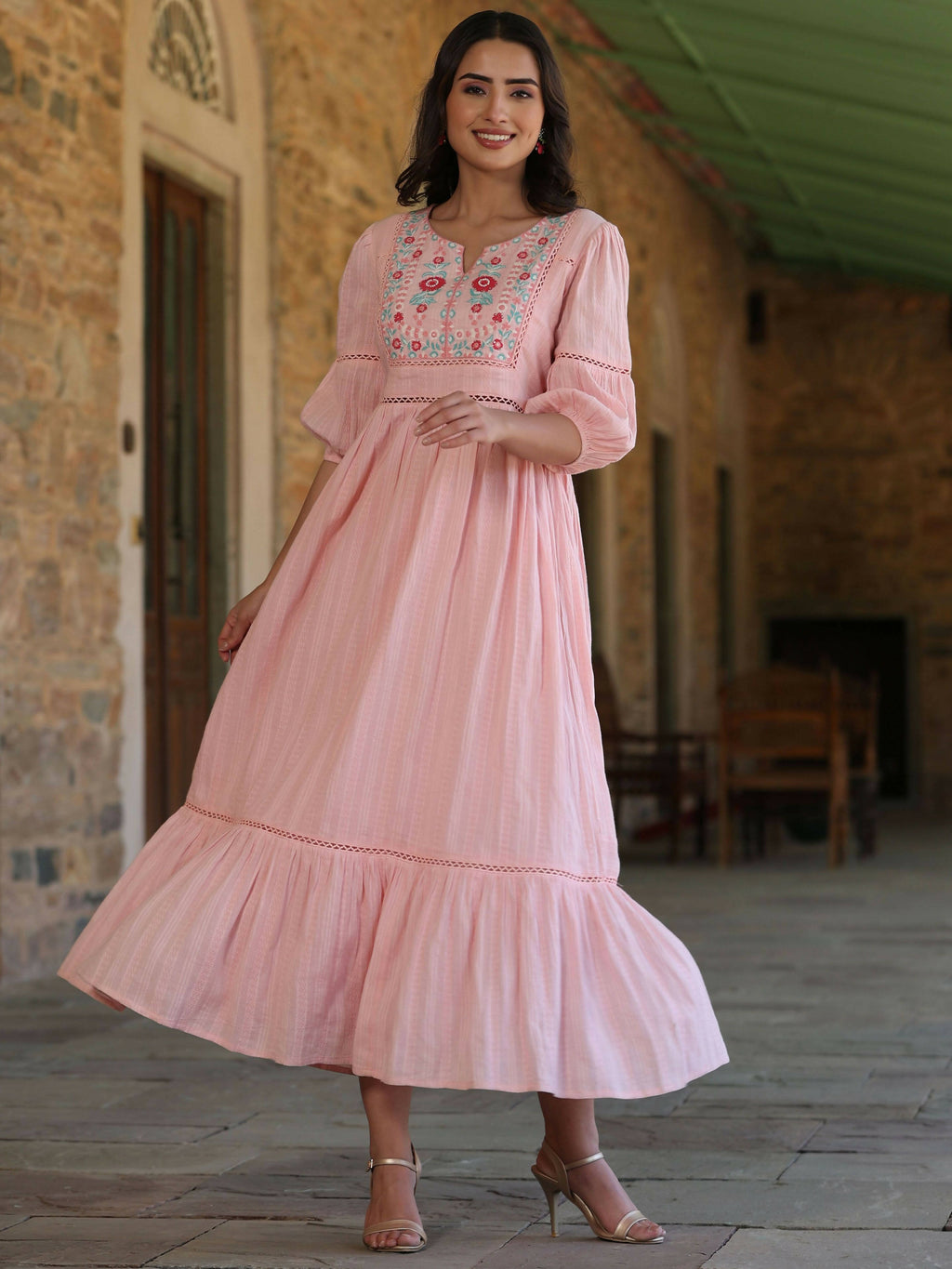 Juniper Women's Pink Cotton Dobby Embroidered Flared Dress - Distacart