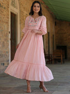 Juniper Women's Pink Cotton Dobby Embroidered Flared Dress - Distacart