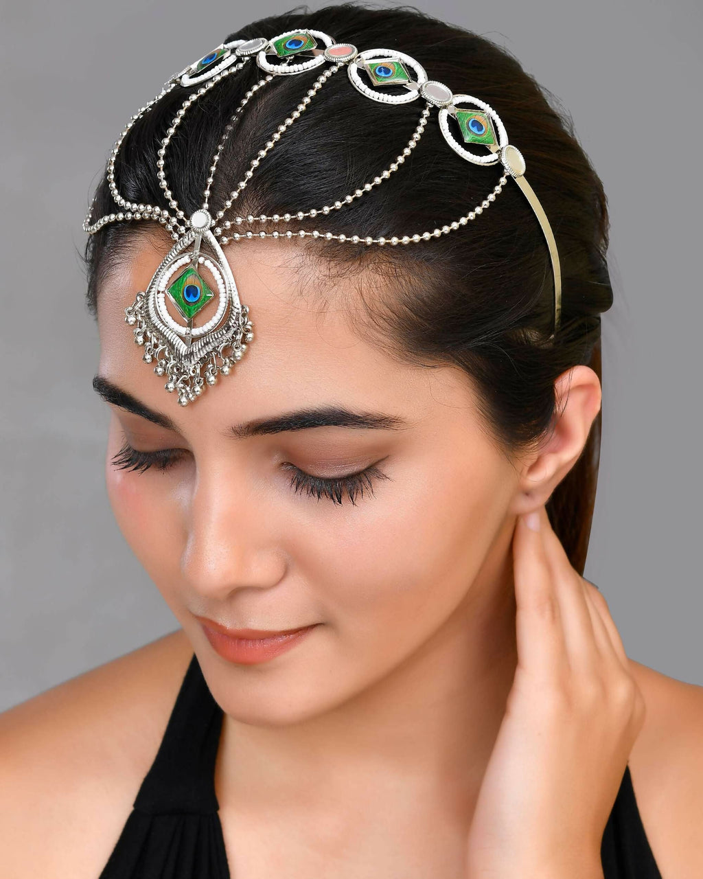 VOJ Silver Plated Peacock Printed Hairband With Mang Tikka