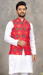 Anaita Red Cotton Straight Kurta Pajama & Koti With Jequard Work