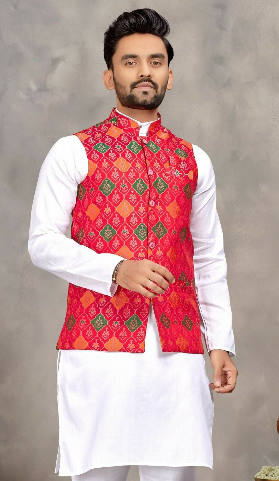 Anaita Red Cotton Straight Kurta Pajama & Koti With Jequard Work