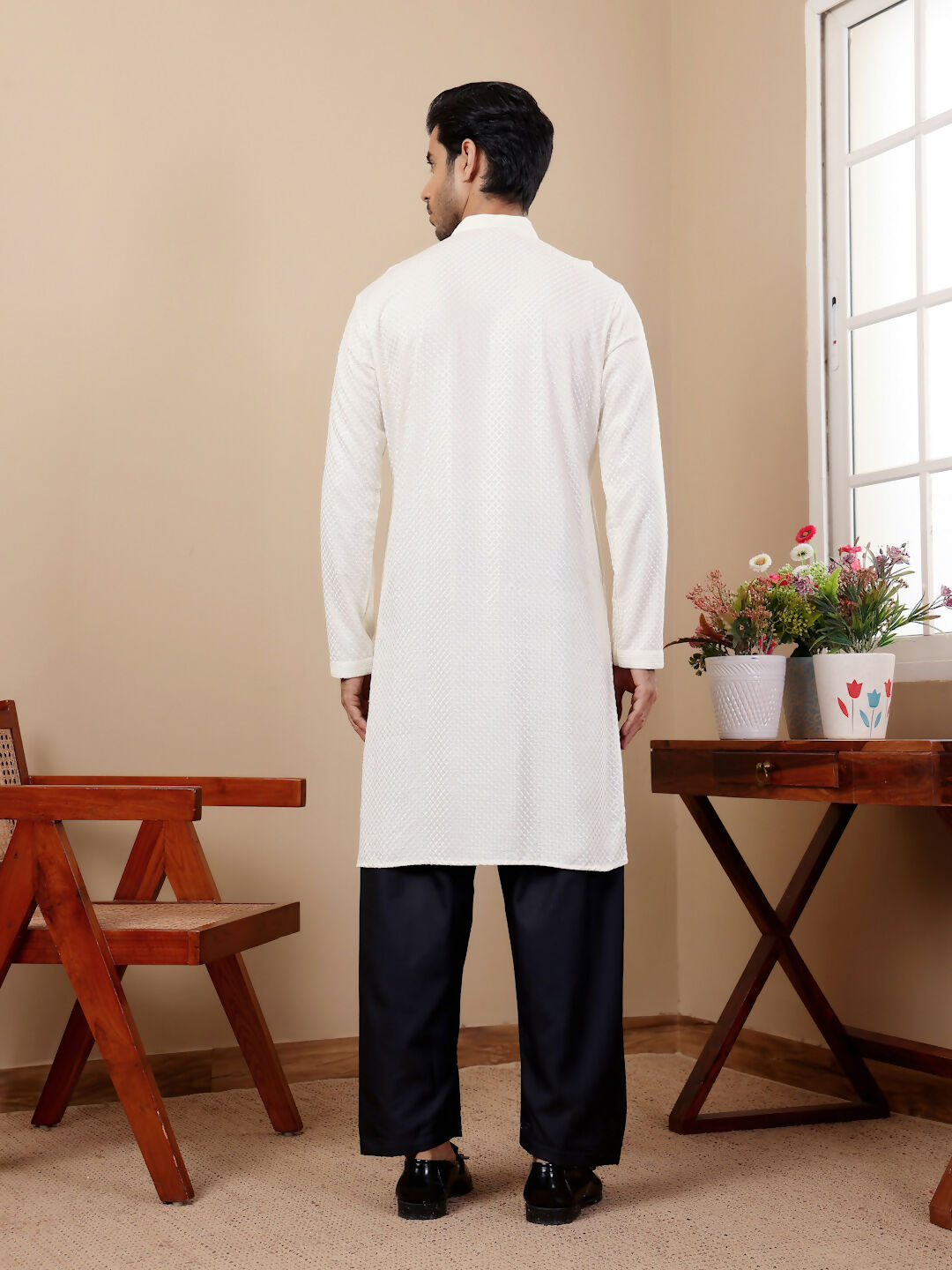 White Viscose Designer Chikankari Embroidery Work Men's Kurta - Mahotsav