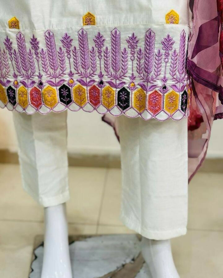 The52 Off White Women's Gorgeous Embroidered Viscose Chanderi Fabric Straight Kurta Pant with Dupatta Set - Distacart