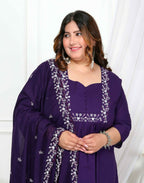 Miravan Women's Plus Size Cotton Purple A-Line Kurta With Embroidered Neck And Palazzo With Embroidered Dupatta Set