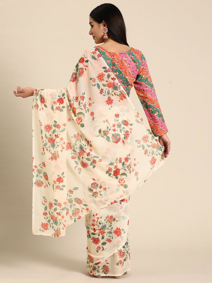 Ahalyaa Women's Traditional Semi Stitch Saree - Off White