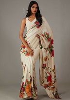 Off White Bright Moss Designer Digital Printed Party Wear Saree - Be Verly