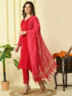 Myshka Women's Pink Velvet Kurta & Trousers With Dupatta Party Sets