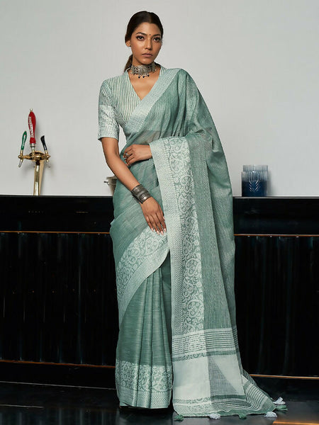 Shree Shyam Fashion Elegant Sea Green Woven Linen Saree with Contrast Zari Border & Tassels - Soft & Breathable Party Wear