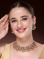 NVR Women's Gold-Polished Red Kundan- Studded & Beaded Handcrafted Temple Jewellery Set
