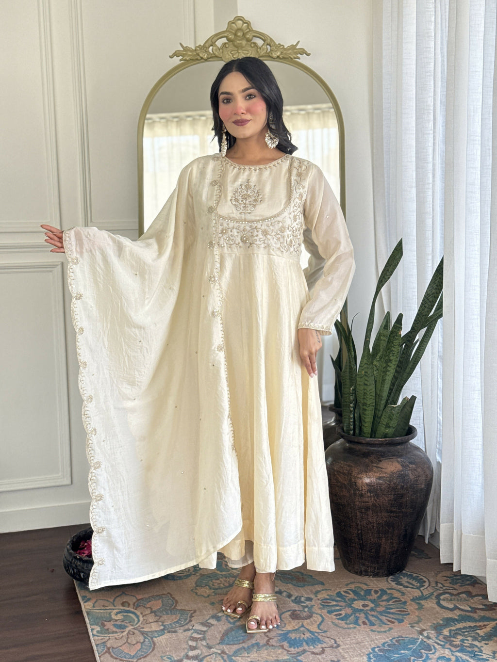 The52 CreamWomen's Gorgeous Embroidered Vichitra Silk Fabric Flared Kurta Pant with Dupatta Set - Distacart
