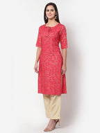 Myshka Women's Pink Rayon Printed Regular Sleeves Round Neck Casual Kurta
