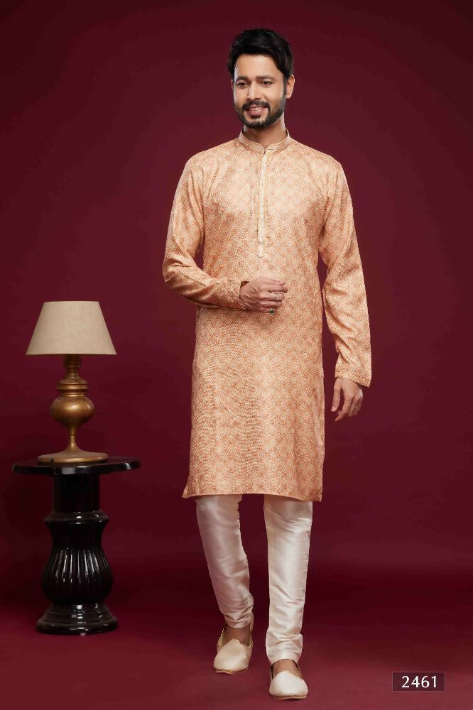 Raivat Ethnic Art Silk Digital Print Pintux Work Kurta Pajama In Peach Colour