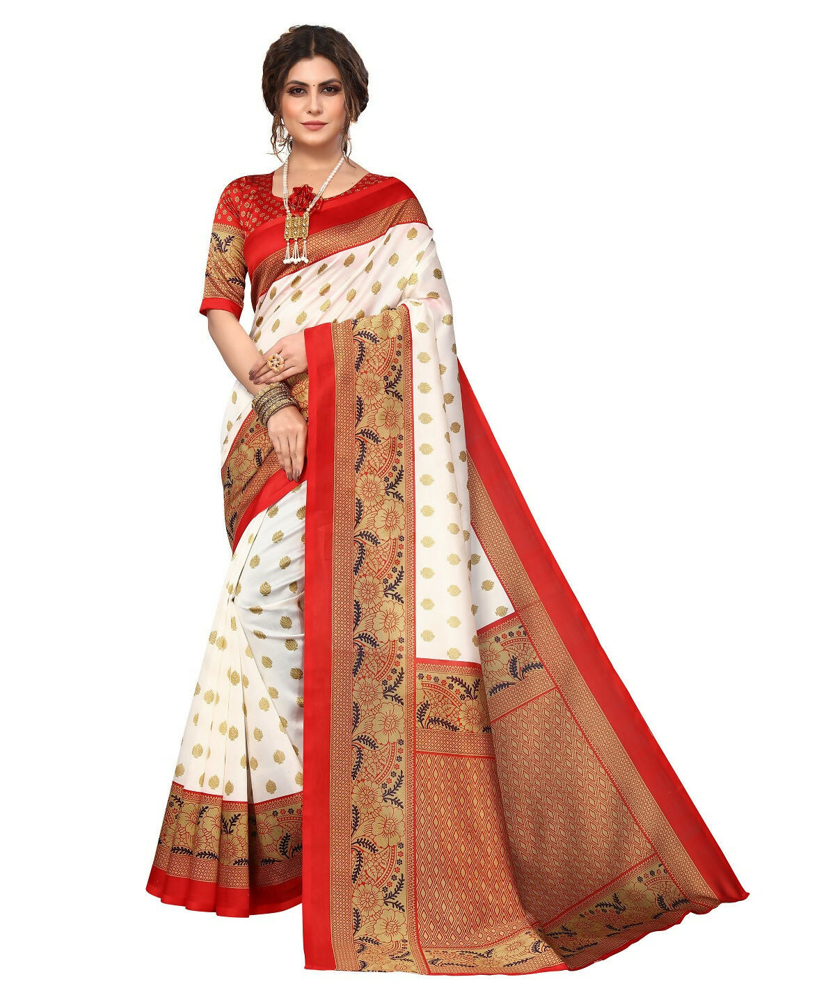 Vamika white & red Printed Art Silk Saree