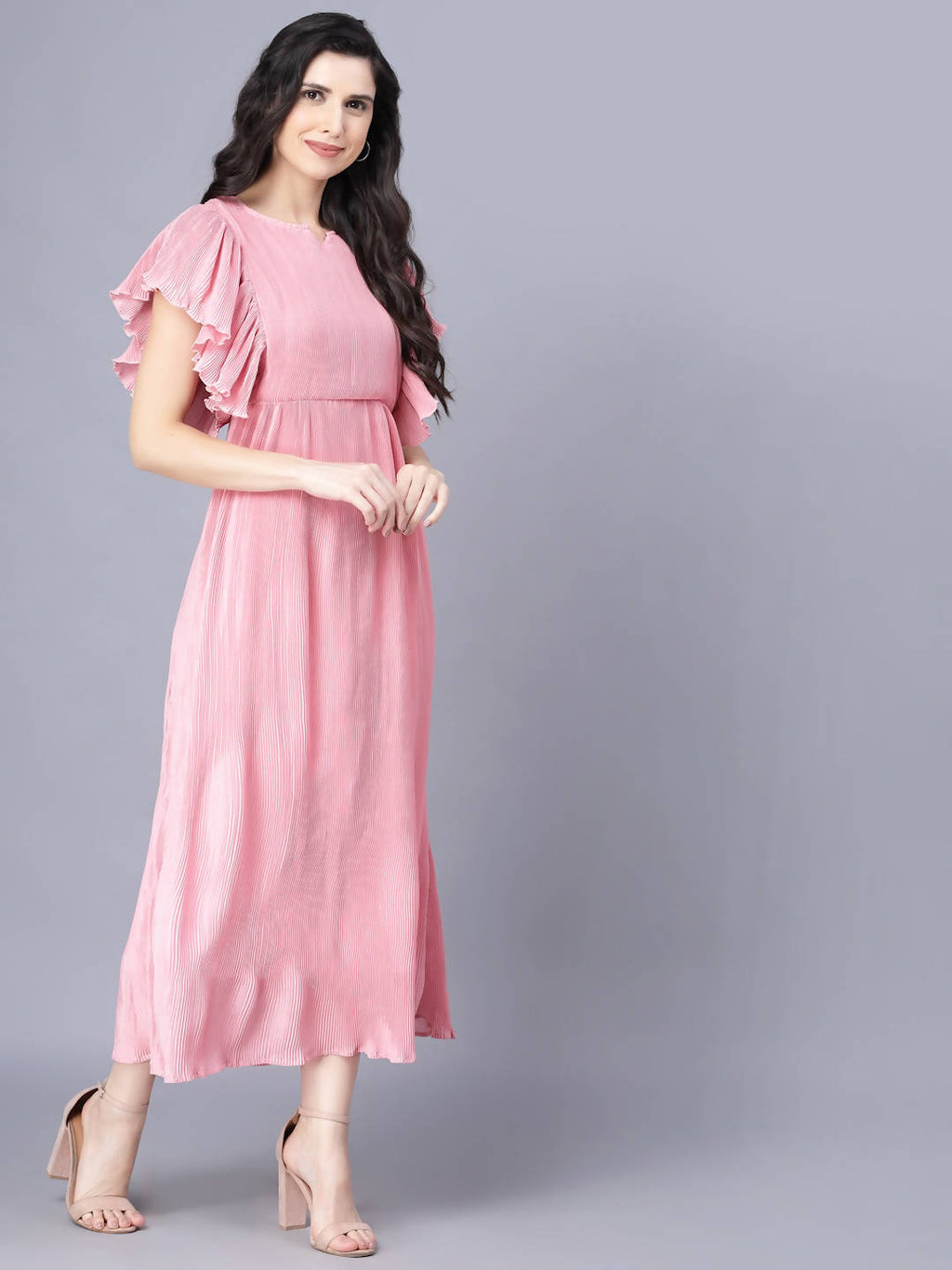 Myshka Chiffon Solid Short Sleeve Round Pink Women Dress - Distacart
