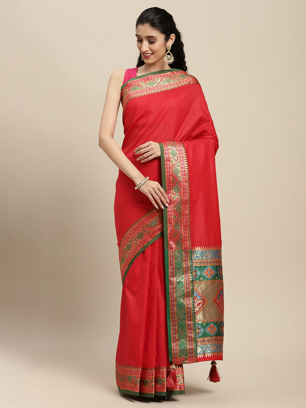 Shree Shyam Fashion Silk Blend Red Saree - Distacart
