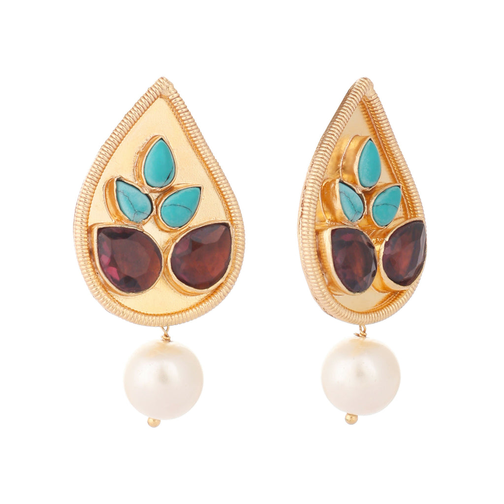 Nuyug 22K Gold Plated Faux Turquoise Stone Studded Contemporary Petal Shaped Pearl Drop Stud Earrings - Distacart