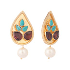 Nuyug 22K Gold Plated Faux Turquoise Stone Studded Contemporary Petal Shaped Pearl Drop Stud Earrings - Distacart