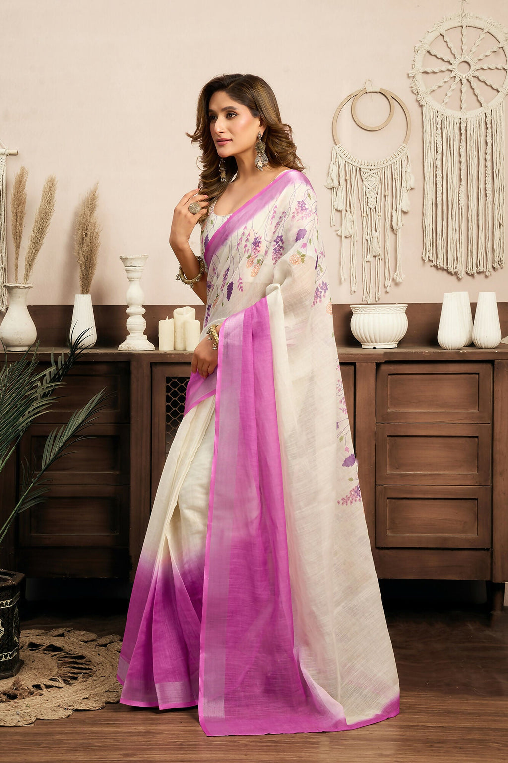 Vastranavya White Lavender Digital Printed Linen Ready To Wear Designer Saree with Unstitched Blouse - Distacart