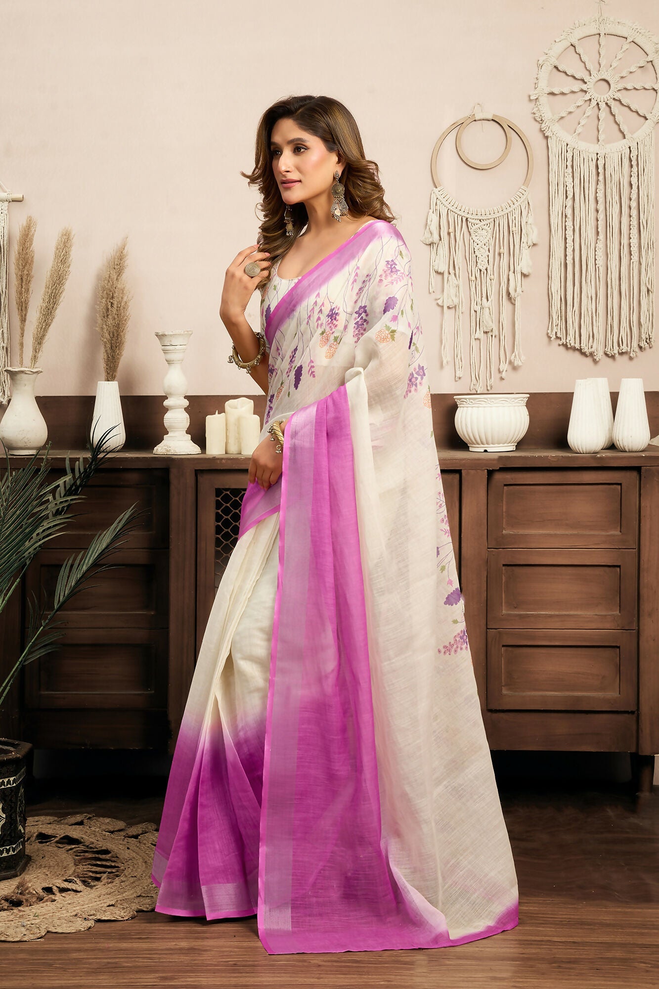 Vastranavya White Lavender Digital Printed Linen Ready To Wear Designer Saree with Unstitched Blouse - Distacart