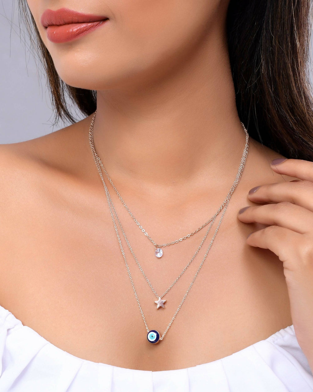 VOJ Women Stainless Steel 3 Layered Sliver Tonned Chain Set