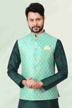 Raivat Ethnic Jacquard Banarasi Silk Woven Work 3 Pics Jacket Set In Pista Green Colour - Distacart