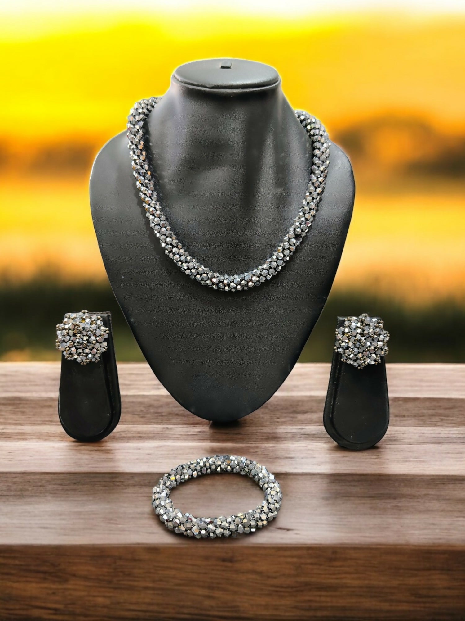 Inhanns Complete Look Crystal Statement 3-Piece Set (Adjustable Necklace + Earrings + Adjustable Bangle ) - Silver